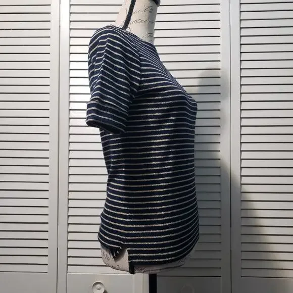 Ralph Lauren Short Sleeve Tee Women's Petite Small Black Gold Striped Knit Top - Picture 4 of 9